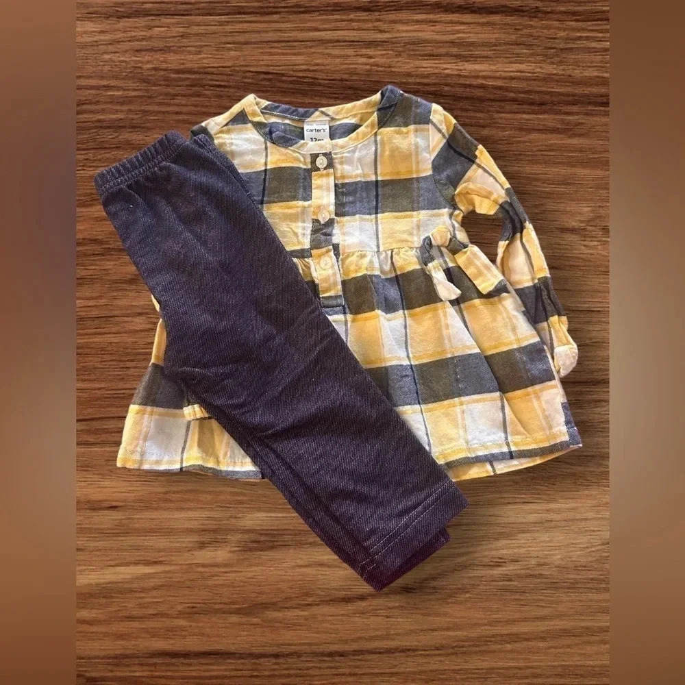 CARTERS Baby Girl Yellow and blue plaid shirt with leggings size 12m
